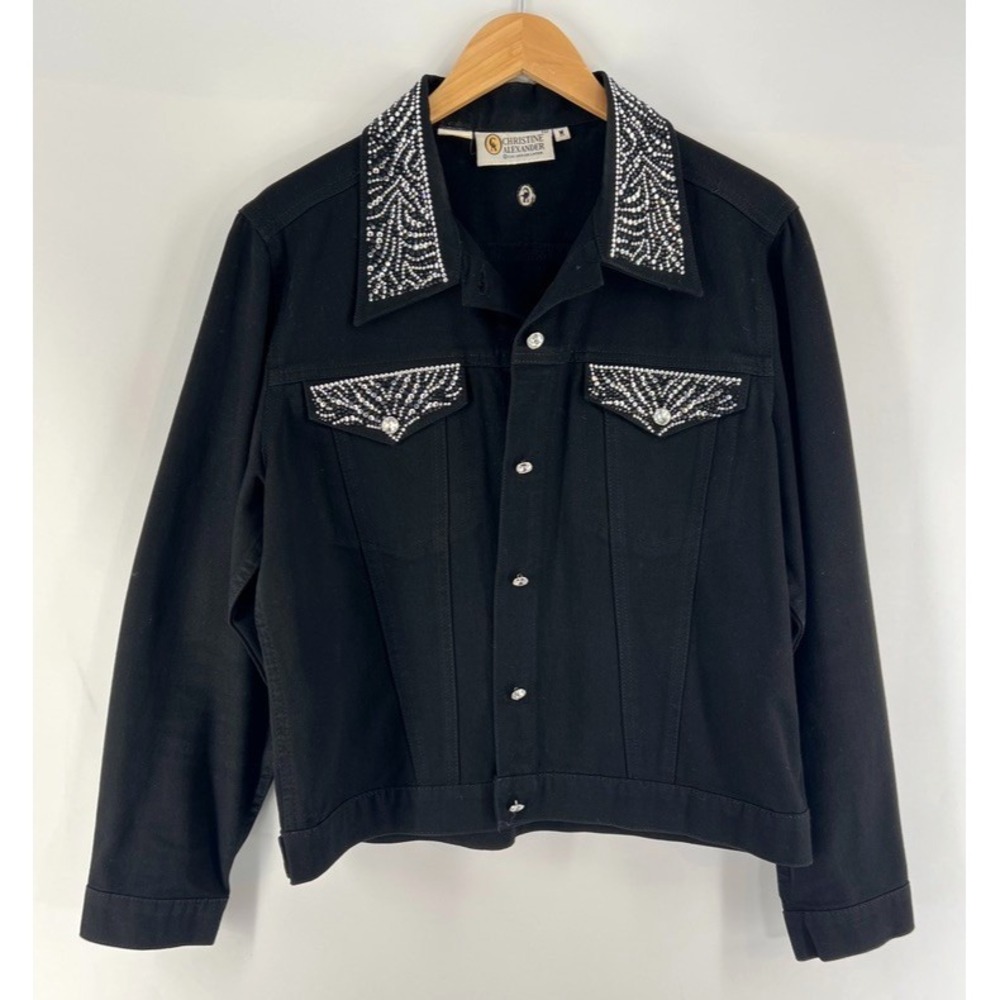 Vtg Christine Alexander Black Denim Jacket Rhinestone M Western Cowgirl Glam